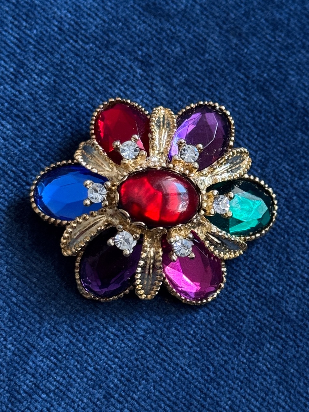 Vintage Jeweled Multicolor Faceted Crystal Rhinestones Gold Tone Floral Brooch